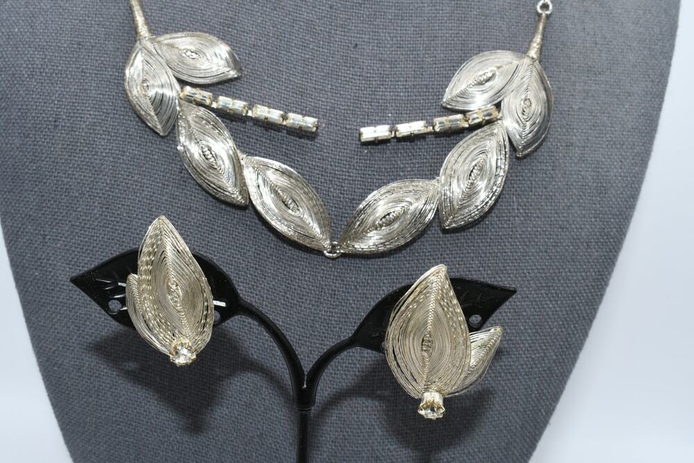Vintage Germany Silver Tone Leaf Necklace Earring Set Rhinestone 1950s